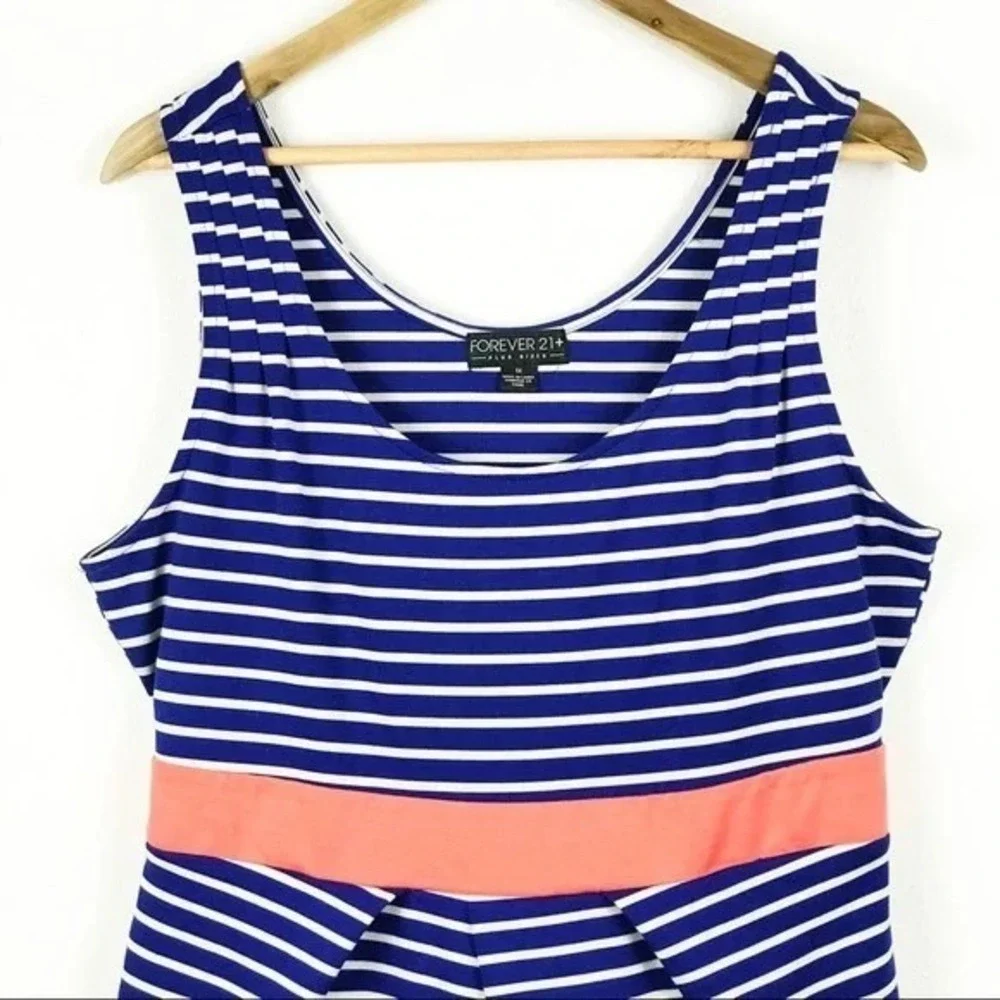 Forever 21 Plus Blue Stripe‎ Sleeveless Dress Coral Tie Waist Casual 1X